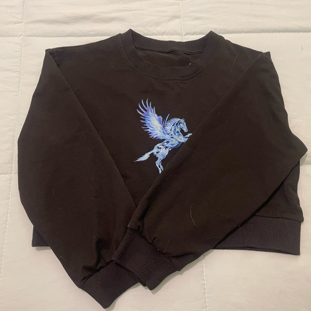Women’s Rearing Flying Horse Pegasus Crew Neck Cropped Pullover Hoodie Sweater